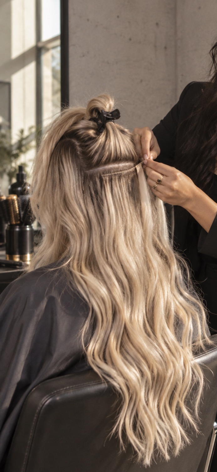 Aplicação de extensões em cabelo loiro ondulado