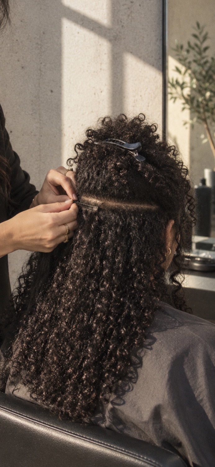 Aplicação de extensões em cabelo encaracolado